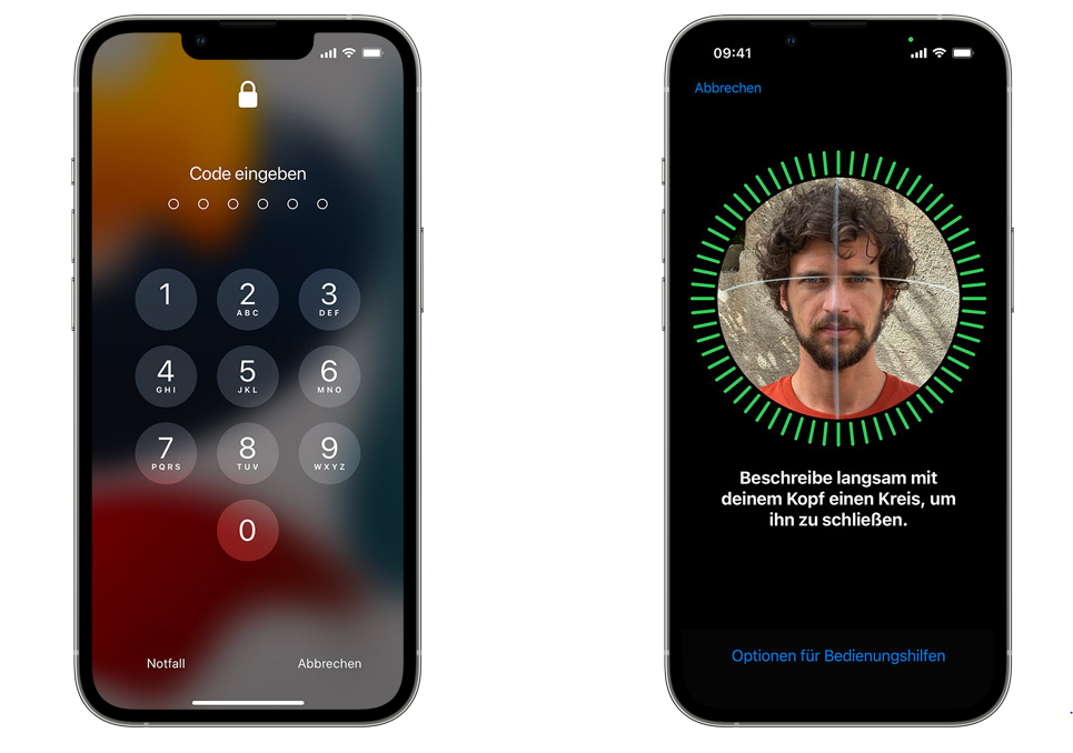Zwei Apple iPhones mit Entsperrcode und Face-ID